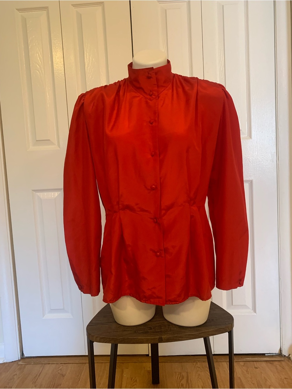 Vintage 80s Red Satin High-Neck Button Blouse